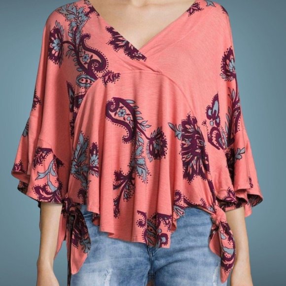 Free People Women Maui Wowie Blouse Tops Size XS Oversize Floral Flutter Sleeves - Picture 9 of 16